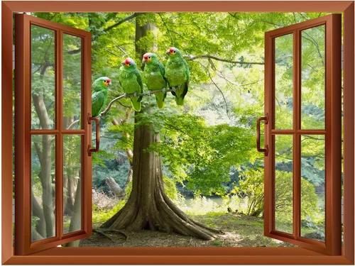 Miniatura 2 de wall26 Adhesivo decorativo para pared, loros verdes sentados en la rama afuera, ventana abierta, no se pega ni se pega, papel tapiz no tejido