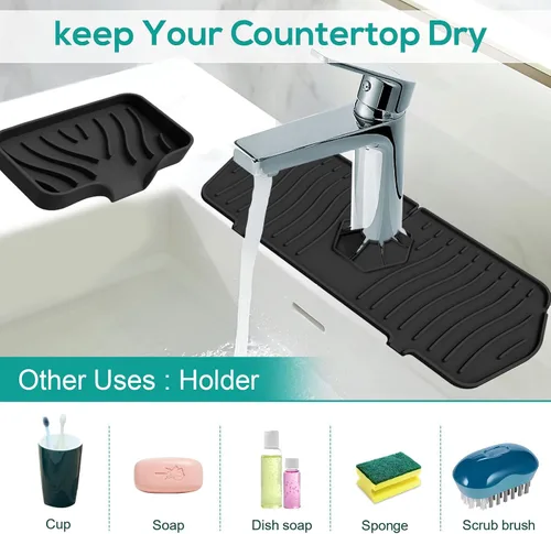 Miniatura 2 de Protector contra salpicaduras para fregadero de cocina y bandeja de jabón, tapete protector de silicona para grifo, soporte de esponja con boquilla