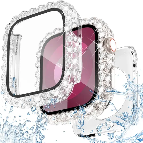 Miniatura 9 de NewWays Funda impermeable 2 en 1 de 1.772 pulgadas para Apple Watch Series 9, 8, 7, encaje completo con diamantes de imitación y purpurina para Oro