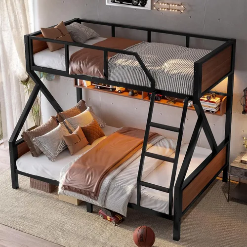 Miniatura 14 de Bellemave Litera Twin XL sobre Queen con estantes de almacenamiento y luces LED, literas de metal con escaleras, marco de litera resistente