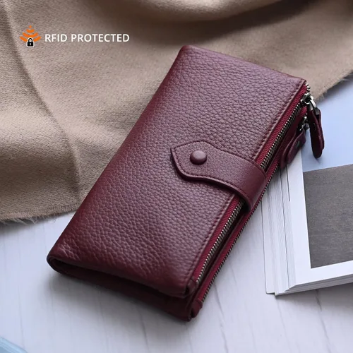 Miniatura 2 de Billeteras delgadas de cuero suave con bloqueo RFID para mujer, tarjetero de crédito con doble bolsillo con cremallera