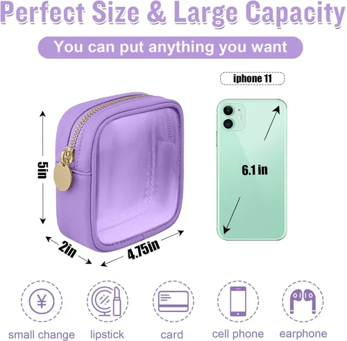 Miniatura 2 de izuzta Bolsa de Maquillaje Pequeña de Nylon, Linda Bolso de Cosméticos Mini, Bolso de Cremallera Preppy, Púrpura, Mini Púrpura-Transparente