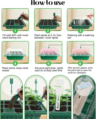 Miniatura 6 de Bandeja de inicio de semillas con luz de crecimiento (4 x 24 LED), paquete de 4 kits de inicio de semillas de 48 celdas con cúpulas de humedad