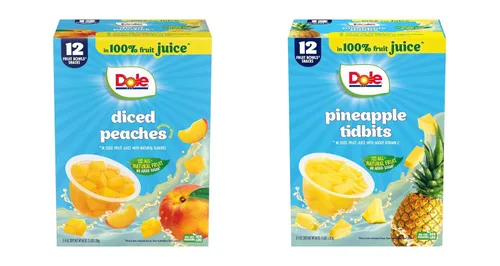 Dole Tazones de Frutas, Melocotones en Cubitos en 100% Jugo 4oz (12 Tazas), y Dole Pineapple Paradise Trocitos de Piña en 100% Jugos de Frutas, 4oz