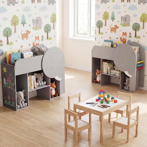 Miniatura 9 de Costzon Estantería elefante para niños, organizador de almacenamiento de juguetes de 3 niveles con pizarra, 5 cubos y juguete de ábaco de 3 filas