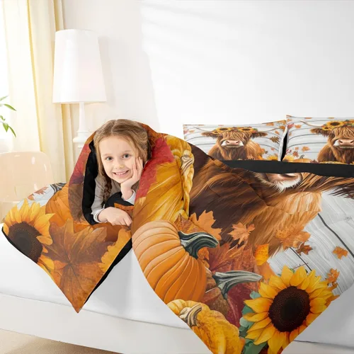 Miniatura 5 de Erosebridal Juego de edredón individual de pavo de Acción de Gracias, juego de ropa de cama de calabaza con hojas de otoño para niños y adultos