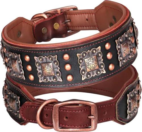 Miniatura 11 de PET ARTIST Collar de Perro de Cuero Acolchado Mejorado, Collares de Perro de Cuero Genuino de 2 Pulgadas de Ancho con Remache Tachonado Resistente