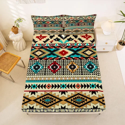 Miniatura 61 de Juego de ropa de cama occidental tamaño individual, sábanas aztecas, estilo nórdico exótico, bohemio, sábana bajera ajustable de tribu india