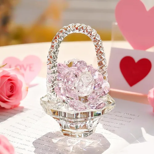 H&D HYALINE & DORA Regalo de flor de rosa de cristal para mujeres, escultura artesanal de rosa de cristal rosa en forma de cesta para el día de San