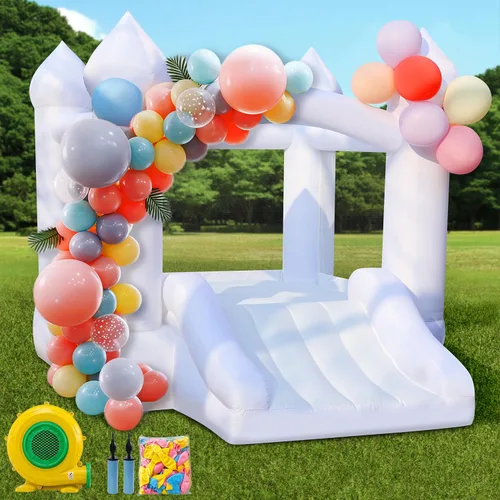Casa hinchable blanca para niños: casa inflable portátil con soplador para fiestas de cumpleaños en interiores y exteriores, boda, pequeño castillo