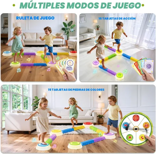 Miniatura 6 de Wee Wonders Piedras iluminadas y haz de equilibrio para niños, piedras de paso con música de piano, juego giratorio y 30 tarjetas, juguetes