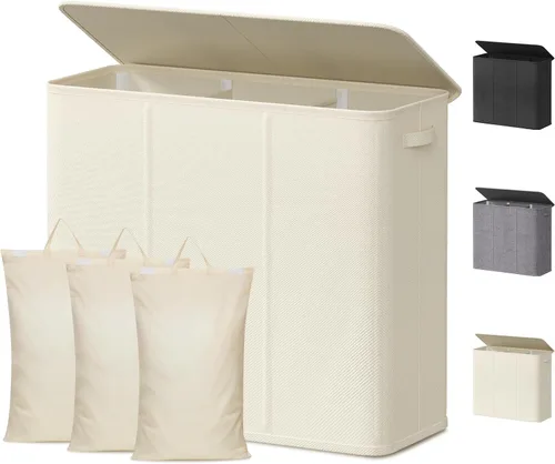 Miniatura 14 de Lifewit Cesta de lavandería doble con tapa y bolsas de lavandería extraíbles, gran plegable, 2 divisores, cesta de ropa sucia con asas para Negro