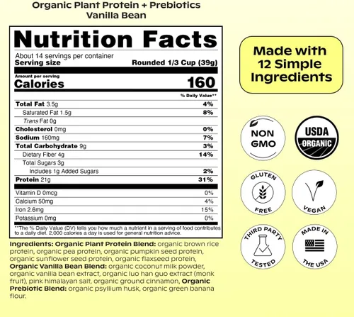 Miniatura 8 de wholier Proteína vegetal orgánica en polvo + prebióticos y aminoácidos, 0.74 oz de proteína de vainilla en polvo, USDA orgánico, apoyo para la salud