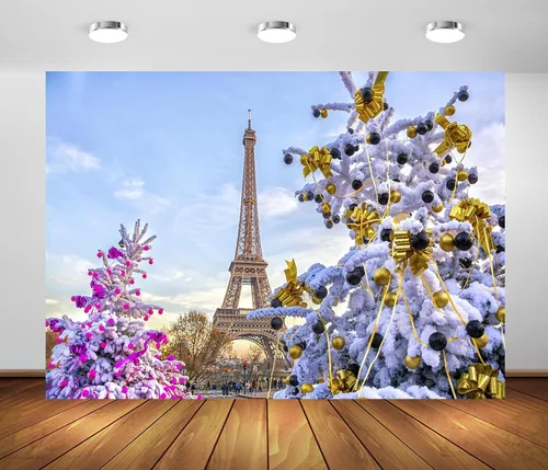 Miniatura 3 de Telón de fondo de Navidad en París de 5 x 3 pies, torre Eiffel, árboles de Navidad, decorado, fotografía, fondo de fotografía, paisaje de nieve