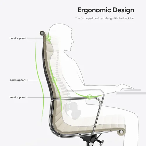 Miniatura 7 de Silla de oficina acanalada con cuero de grano superior, silla de escritorio ergonómica con respaldo alto con brazos y marco de aluminio, ruedas