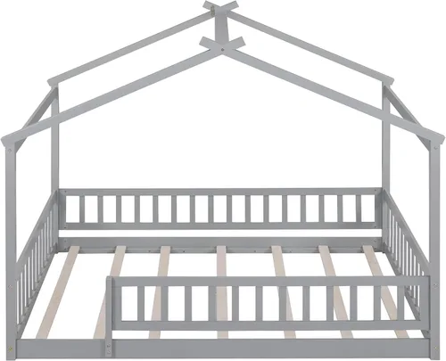 Miniatura 8 de MERITLINE Cama individual Montessori para niños, marco de cama individual Montessori con rieles y techo, no necesita somier, para niños, Gris