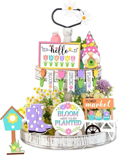 12 piezas de decoración de bandeja escalonada de primavera, gnomos de madera, flores, plantas, bandejas de mesa, letreros de verano y otoño, bandeja