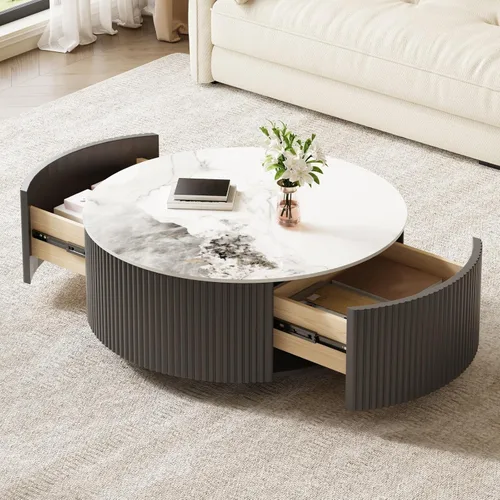 Miniatura 24 de KEVINSPACE Mesa auxiliar negra con borde dorado en la parte inferior, mesa de centro redonda para espacios pequeños, mesa auxiliar de madera mesita