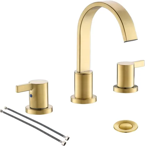 Phiestina Grifo de lavabo de baño de oro cepillado generalizado de 8 pulgadas con 3 agujeros y 2 manijas con drenaje emergente de metal, WF040-1-BG