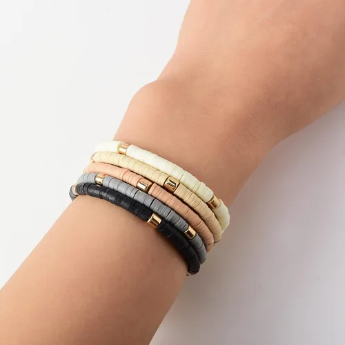 Miniatura 3 de Pulseras de cuentas de arcilla estilo heishi surfista para mujer, con discos de vinilo y dije de mal de ojo, apilables, pulseras elásticas