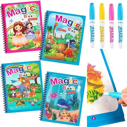 Paquete de 4 libros para colorear al agua, libro de pintura al agua reutilizable, unicornio, dinosaurio, animal, pintura del océano para niños