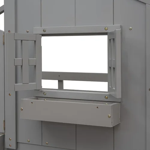 Miniatura 8 de Litera para niños con apariencia en forma de casa, litera de tamaño individual con techo y 2 ventanas, literas de piso de madera maciza para niños