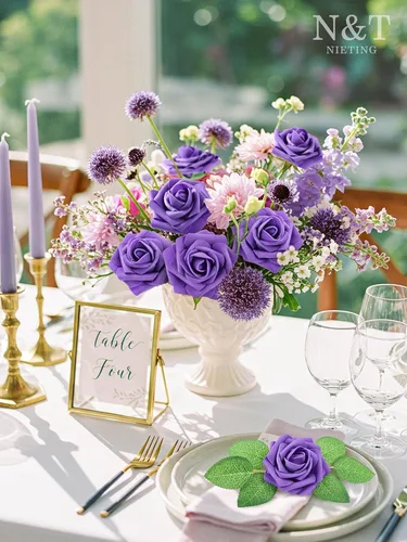 Miniatura 48 de N&T NIETING Flores artificiales, rosas artificiales de color rosa intenso, 50 piezas de flores falsas con tallo para ramos de boda DIY, centros