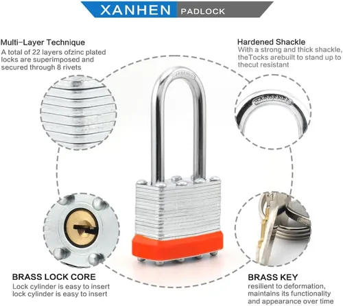 Miniatura 3 de Candados con cerradura para exteriores, cerradura de llave, candados con la misma llave, candados con llave de acero laminado con grillete largo
