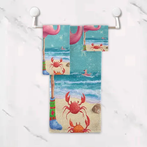 Miniatura 5 de Pfrewn Juego de 3 toallas de baño de Navidad con flamenco tropical, palmera y cangrejo, toallas de baño, suaves y absorbentes, toallas de mano