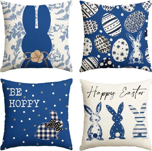 Miniatura 9 de AVOIN colorlife Juego de 4 fundas de almohada negras de 16 x 16 pulgadas con diseño de conejo de Pascua Happy Easter Be Hoppy Rabbit