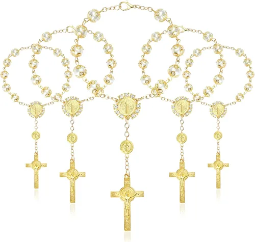 LEMESO 20 piezas de mini rosarios chapados en oro, pulseras de crucifijo de perlas de imitación de color marfil, recuerdos de bautizo a granel para