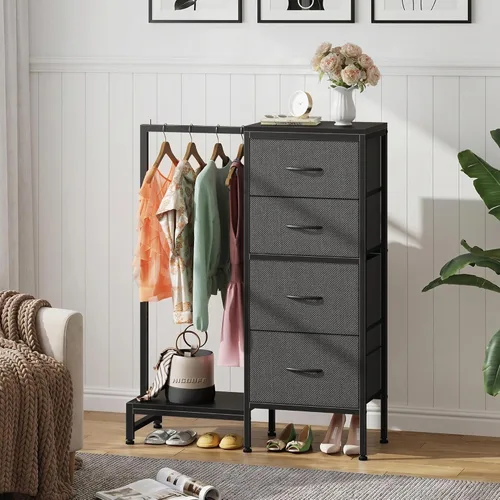 Miniatura 3 de HIGDBFE Cómoda con Perchero Colgante, 4 Cajones Armario Pequeño para Dormitorio, Cómoda de Tela Reversible para Niños con Perchero, Torre de Gris