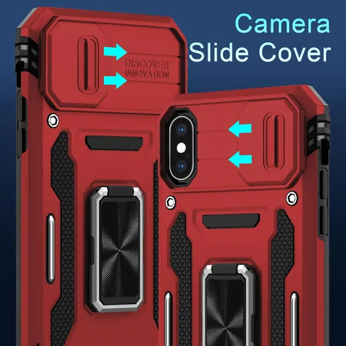 Miniatura 256 de DEERLAMN Funda para iPhone Xs Max con funda deslizante para cámara + protector de pantalla, soporte giratorio de anillo de grado militar a prueba