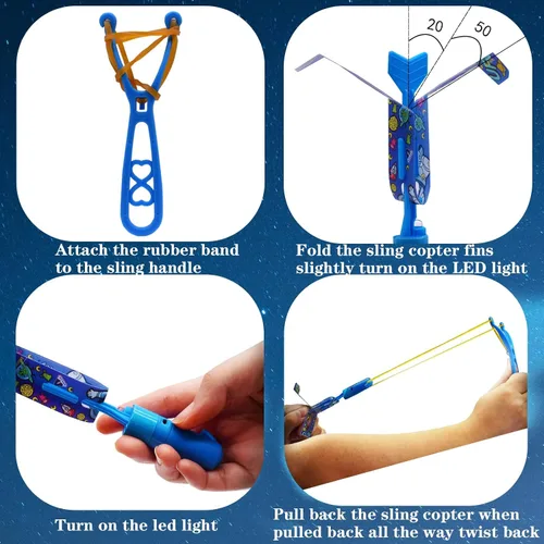 Miniatura 3 de JX Rocket Slingshot - Juguetes voladores con luces LED, 12 helicópteros de flecha LED + 12 lanzadores, juego de verano al aire libre, juguete