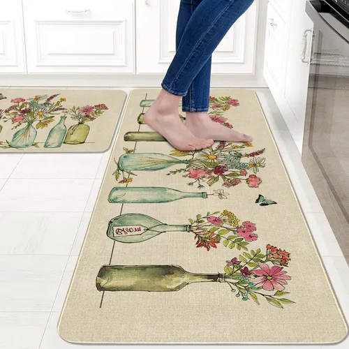 Miniatura 2 de Juego de 2 tapetes y tapetes de cocina con diseño floral de primavera, diseño floral de acuarela para piso, decoración de fregadero de cocina