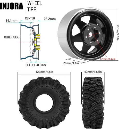 Miniatura 3 de INJORA Juego de neumáticos de barro 1.9 S5 Offset -0.350 in Beadlock llanta para 1/10 RC Crawler Car Axial SCX10 90046 UTB18 TRX4 SCX10 Pro (negro)