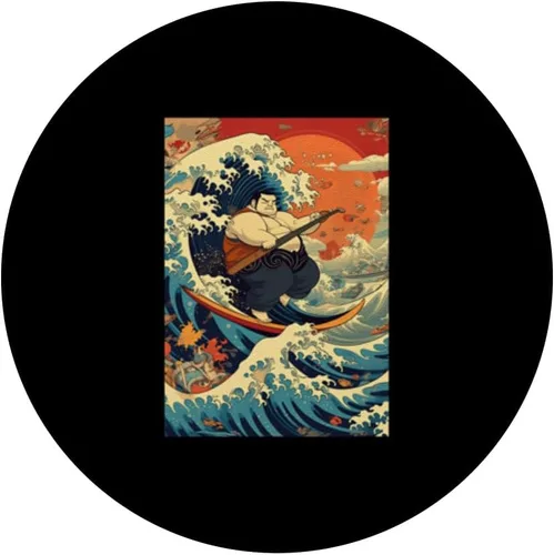 Miniatura 3 de Funny Surfing Sumo Wrestler on Kanagawa Great Wave PopSockets Adhesive PopGrip