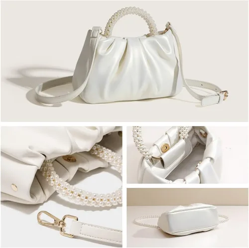 Miniatura 4 de Valleycomfy Bolsos de mano de noche con perlas para mujer, de cuero suave, fruncidos, cruzados, bolsa de hombro para fiestaboda