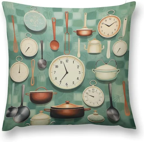 Miniatura 2 de Pots and Pans, Kitchen Clock and Cooking Art Velvet Square Decorative Throw Pillow Covers 12 "x12 Throw Pillow Covers for Outdoor Home Decor