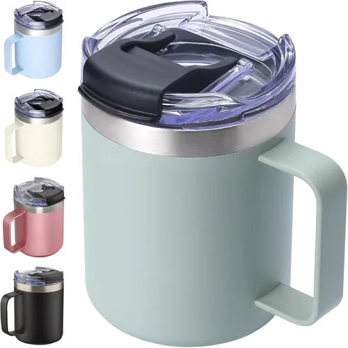 Miniatura 30 de Taza de café aislada de 12 onzas con asa, taza de café de viaje de acero inoxidable con tapa abatible, vaso de café de doble pared con aislamiento