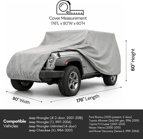 Miniatura 5 de Formosa Funda de SUV compatible con Jeep Wrangler JK TJ CJ7 CJ5 2 puertas (hasta 176 pulgadas), para todo tipo de clima, tela tejida de mayor
