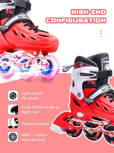 Miniatura 5 de METROLLER Patines en línea para niñas y niños, mujeres, hombres, 4 tallas ajustables, patines en línea con ruedas que se iluminan, patines Rojo