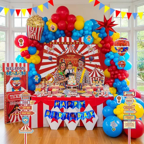 Miniatura 2 de Decoraciones de fiesta de cumpleaños con temática de circo e incluyen guirnalda de globos rojos, azules y amarillos y globos de papel de aluminio