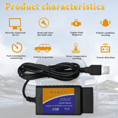 Miniatura 4 de Adaptador de cable de diagnóstico OBDII USB V1.5 Escáner OBD2 para múltiples marcas CAN-Bus para Windows, escáner de fallas de coche OBDII, tester