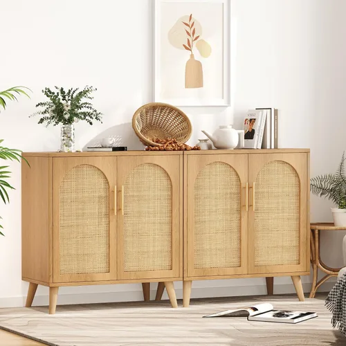 Miniatura 4 de Rovaurx Juego de 2 gabinetes de almacenamiento de ratán con puertas, gabinete de piso de baño de acento, aparador moderno para sala de estar, Natural