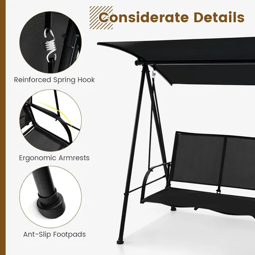 Miniatura 6 de HAPPYGRILL Columpio para exteriores para 2 personas con toldo, silla de columpio para porche de patio con marco de metal resistente, tela de asiento