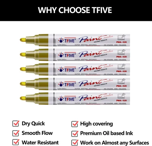 Miniatura 2 de TFIVE Rotuladores de pintura dorados, paquete de 5 rotuladores permanentes a base de aceite, punta media, impermeables y de secado rápido