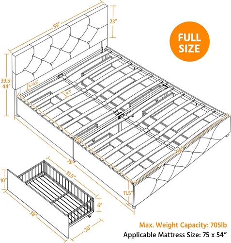 Miniatura 28 de Topeakmart Base de cama de plataforma tapizada tamaño Queen con cabecera ajustable en altura y 3 cajones de almacenamiento, base de colchón de piel