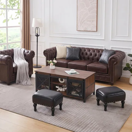Miniatura 7 de Cmishe Reposapiés otomano de cuero, reposapiés vintage, asiento tapizado de espuma gruesa, reposapiés de madera, banco para zapatos debajo del Negro