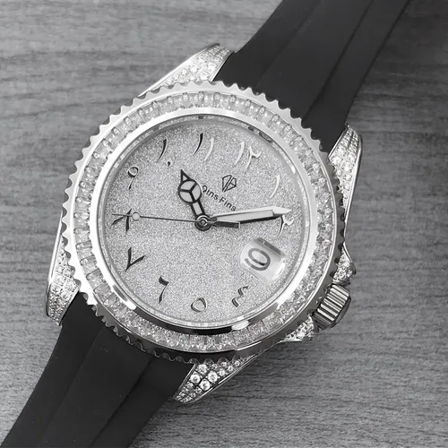Miniatura 9 de Reloj de pulsera automático de acero inoxidable con diamantes brillantes helados, BlancoDorado, 40mm